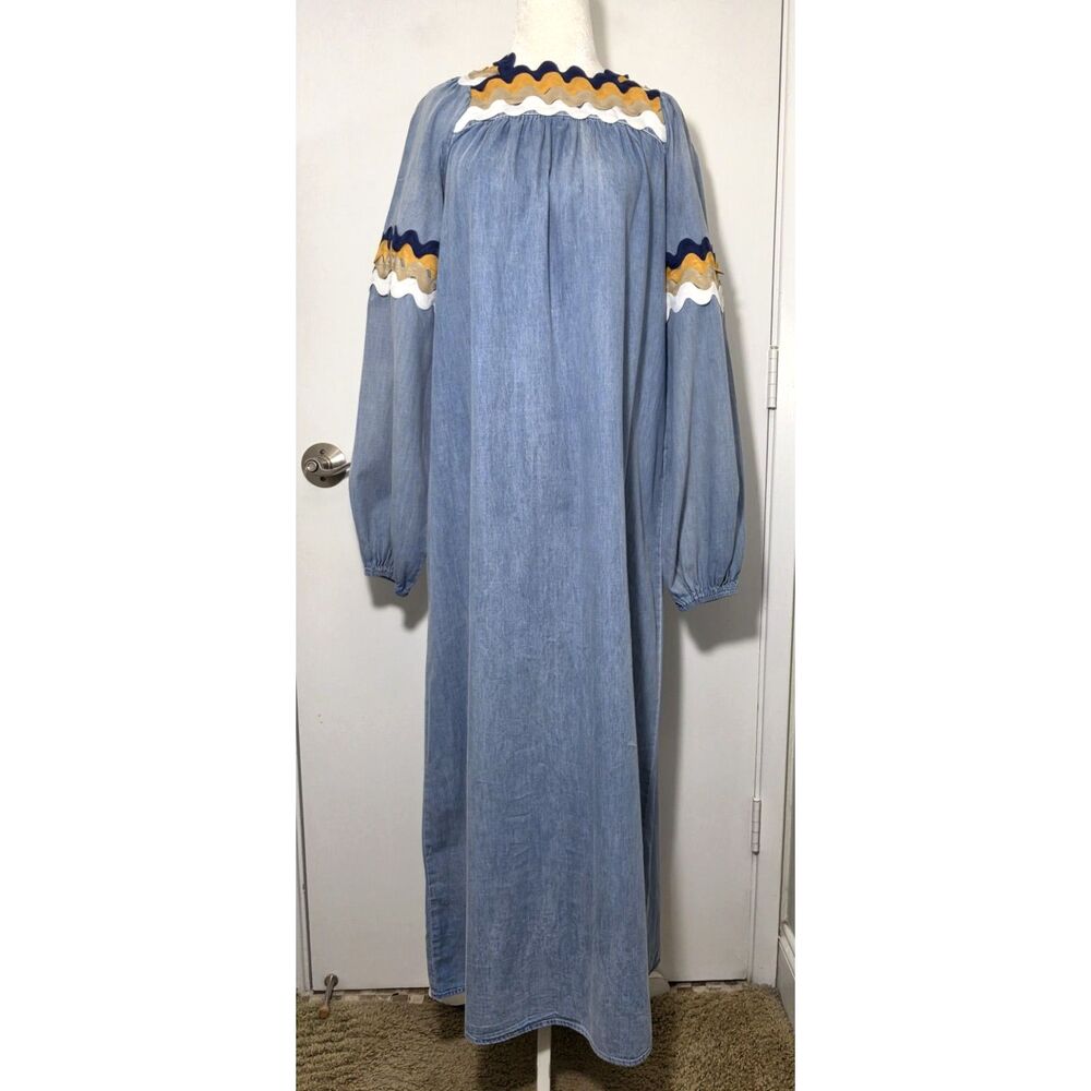 Shift Blue Chambray Long Sleeve Cotton Maxi Dress Sz S Boho Wavy Scalloped Trim